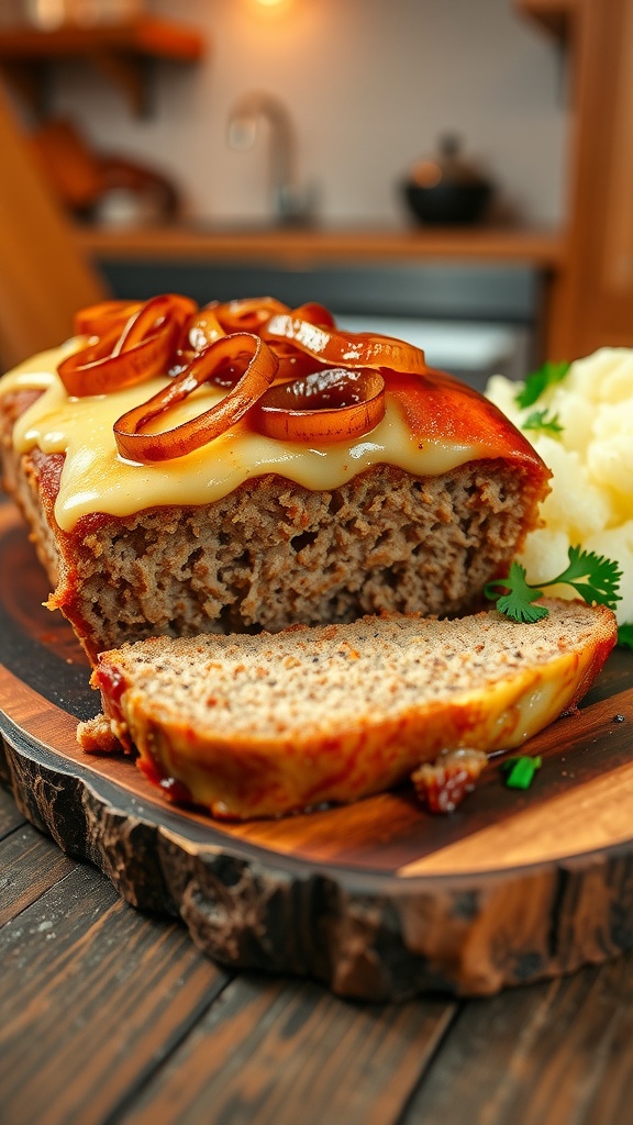 Slice of French Onion Meatloaf with melted cheese, served with mashed potatoes and parsley.