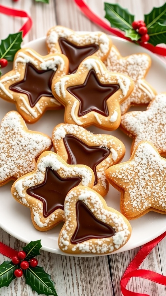 A festive display of Fudge Gingerbread Linzer Cookies with chocolate filling, dusted with powdered sugar on a decorative plate.