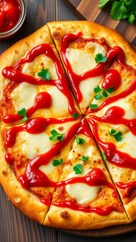 Garlic bread pizza with mozzarella cheese and marinara, garnished with parsley, served on a wooden table.