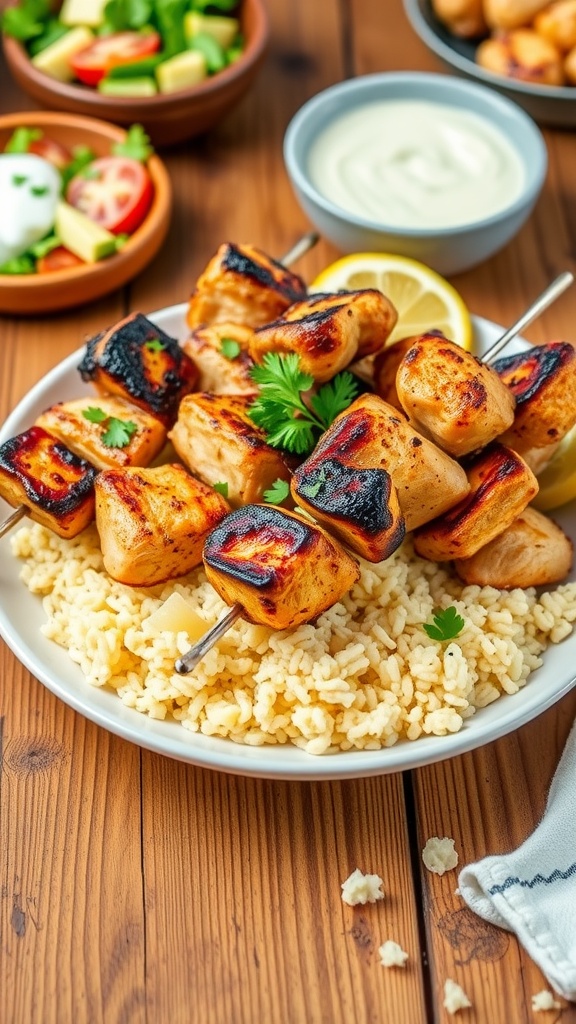 Grilled Greek chicken souvlaki skewers on lemon rice with parsley and lemon slices, served with tzatziki sauce.