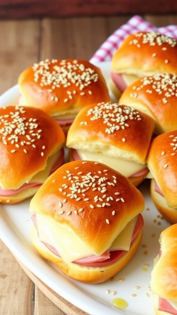 A close-up of Hawaiian roll sliders filled with ham and Swiss cheese, topped with poppy seeds, on a rustic table.