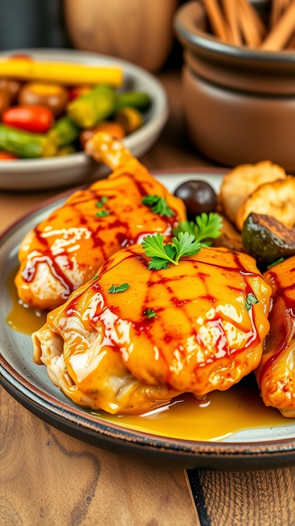 Honey mustard chicken thighs garnished with parsley, served with roasted vegetables on a rustic plate.