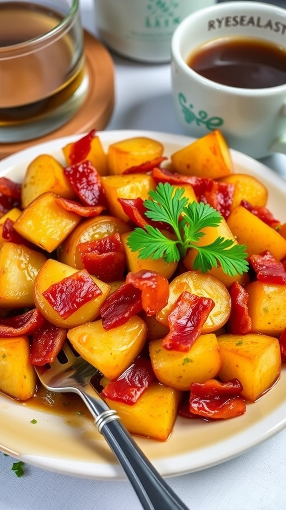 Roasted breakfast potatoes with bacon and maple syrup, garnished with parsley, on a breakfast table.