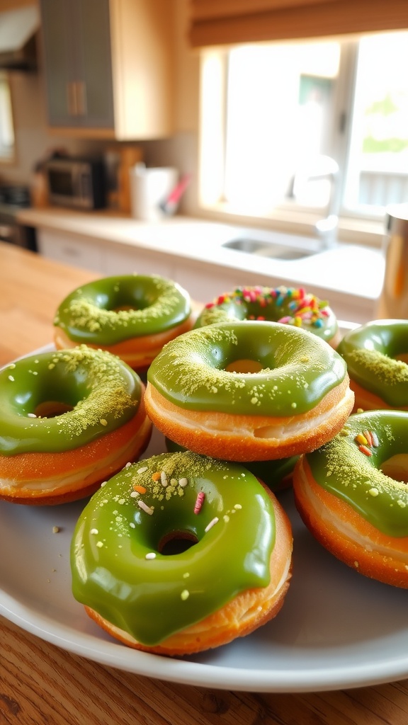 A plate of matcha donuts, glazed and sprinkled with matcha powder, set against a cozy kitchen backdrop.
