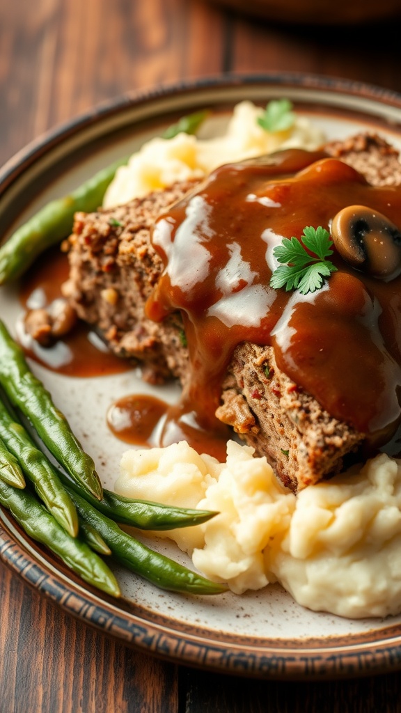 A slice of savory meatloaf with mushroom gravy on a plate, accompanied by mashed potatoes and green beans.
