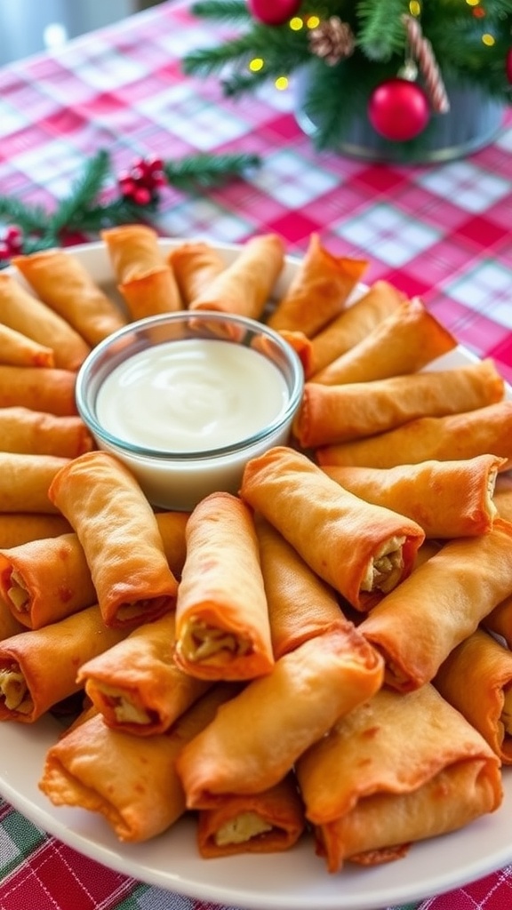 A delicious arrangement of crispy mini jalapeno popper egg rolls with dipping sauce, ideal for holiday parties.