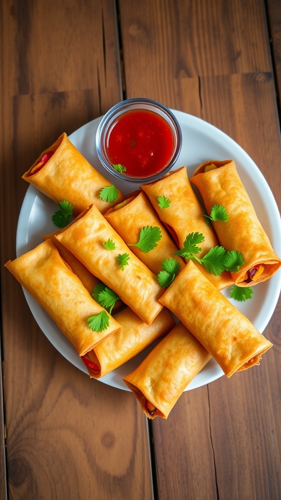 Crispy nacho egg rolls on a plate with salsa and guacamole, garnished with cilantro.