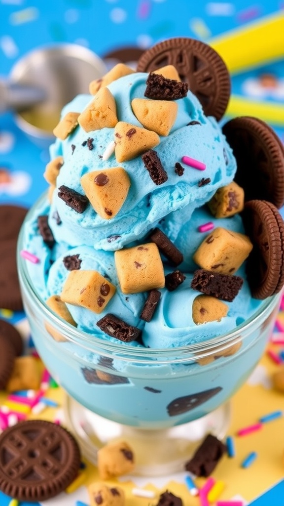 No-Churn Cookie Monster Ice Cream in a bowl, decorated with cookie pieces and colorful sprinkles.