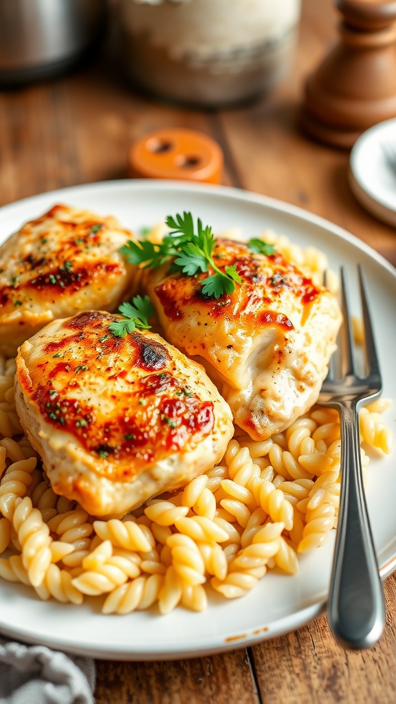 One-Pot Marry Me Chicken with Orzo, featuring golden chicken thighs in creamy sauce with fluffy orzo pasta, garnished with parsley on a rustic table.