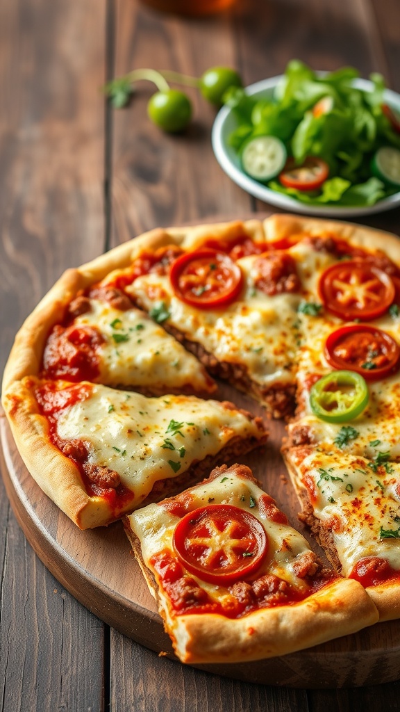 A sliced pizza burger pie with ground beef and cheese, served on a wooden table with fresh salad.