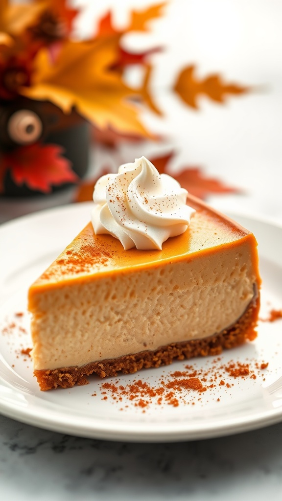 Slice of pumpkin cheesecake on white plate with whipped cream and cinnamon, showcasing creamy filling and graham cracker crust.