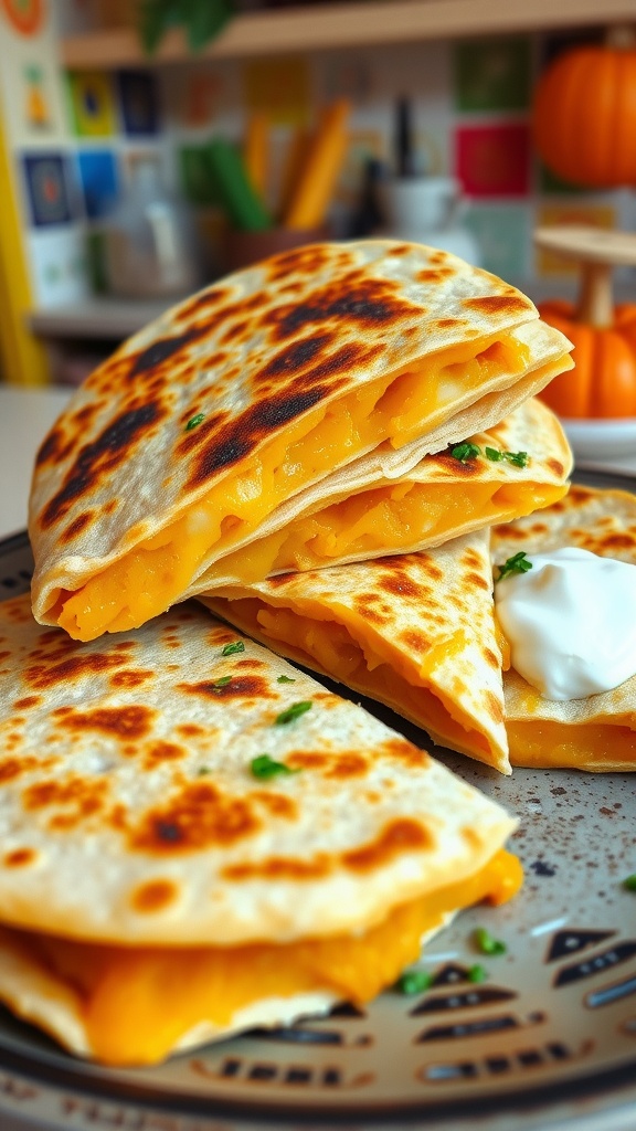 Savory pumpkin and cheese quesadilla cut into wedges, garnished with sour cream, on a rustic plate.