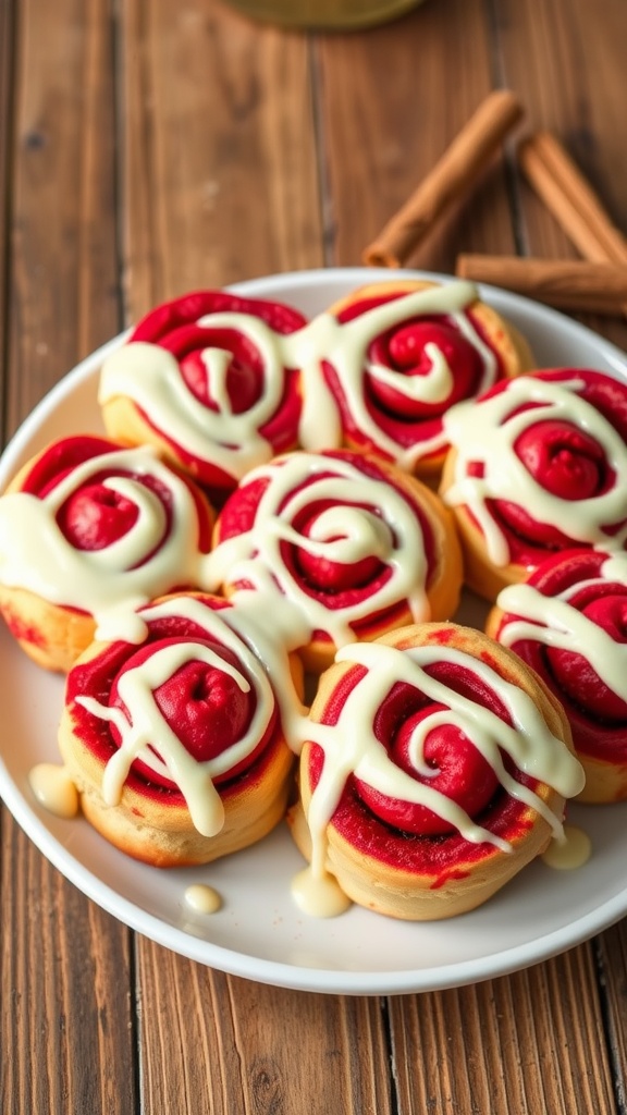 Fluffy red velvet cinnamon rolls with cream cheese frosting on a rustic plate.