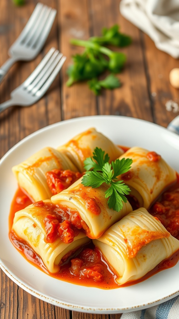 Savoy cabbage rolls in tomato sauce, garnished with parsley, on a rustic wooden table.