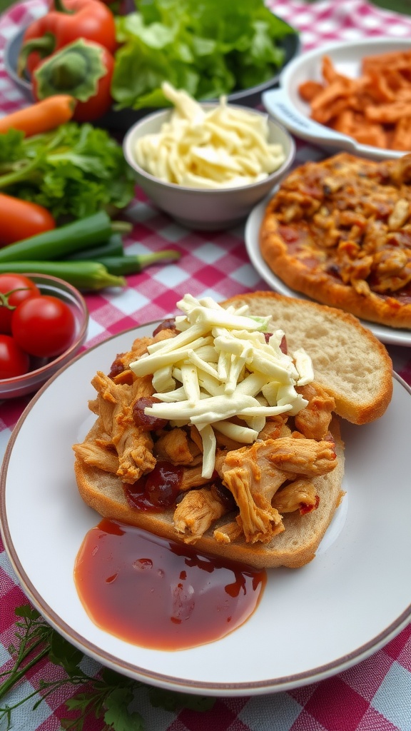 A pulled BBQ chicken sandwich with coleslaw on a bun, served with BBQ sauce and picnic-themed sides.