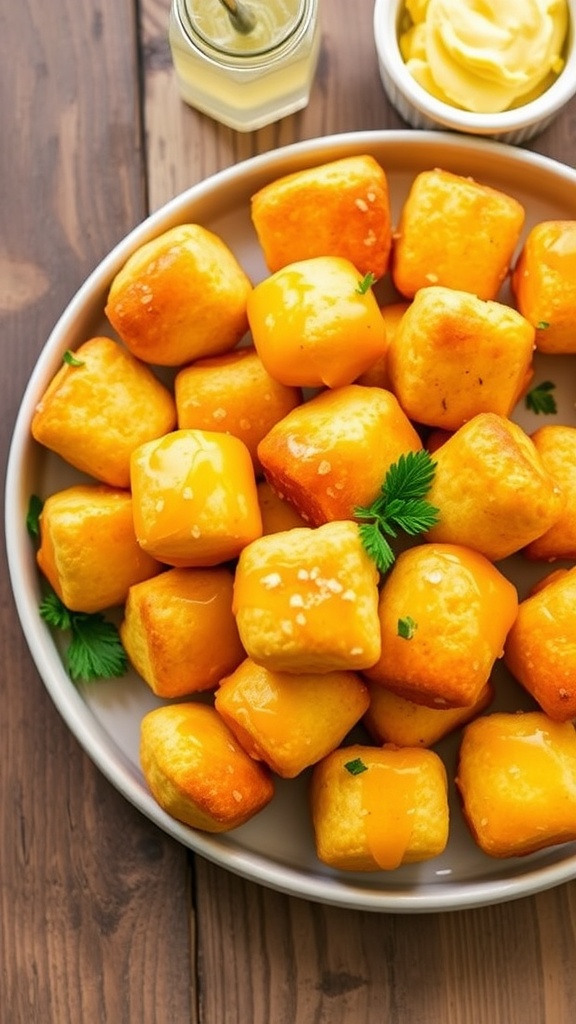 A vibrant plate of honey butter cornbread poppers, drizzled with glaze, on a rustic table with honey butter.