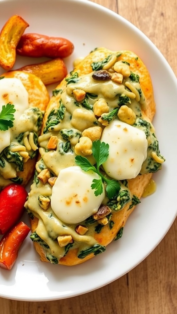 Creamy spinach artichoke chicken topped with melted cheese, served with roasted vegetables on a white plate.