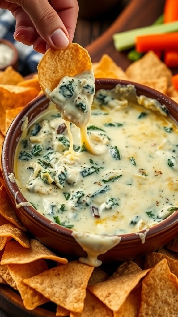 Creamy spinach and artichoke dip with tortilla chips on a rustic table.
