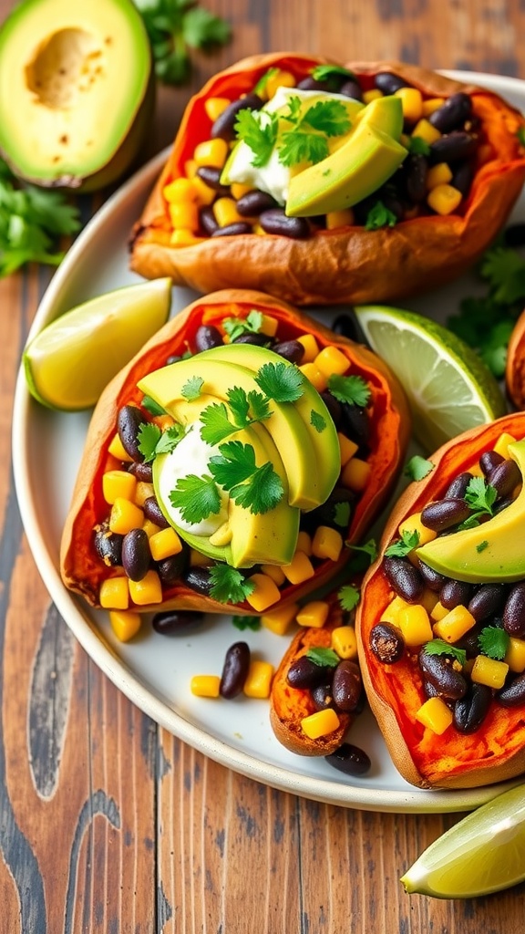 Stuffed sweet potatoes filled with black beans, corn, and topped with avocado on a rustic table.