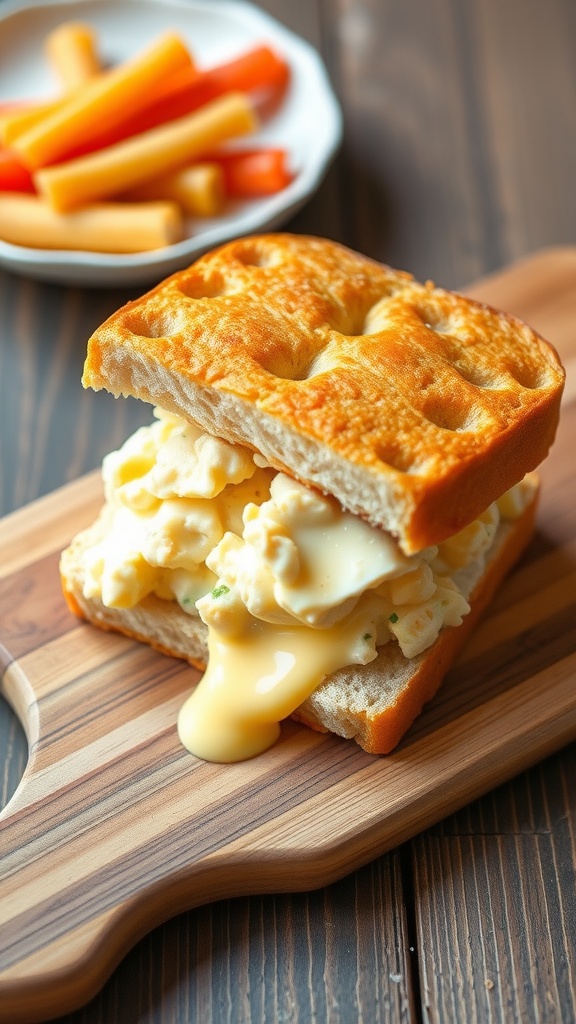 A close-up of a Tamago Sando, a Japanese Egg Sandwich with creamy egg salad on fluffy Milk Bread, served on a cutting board with pickled vegetables.