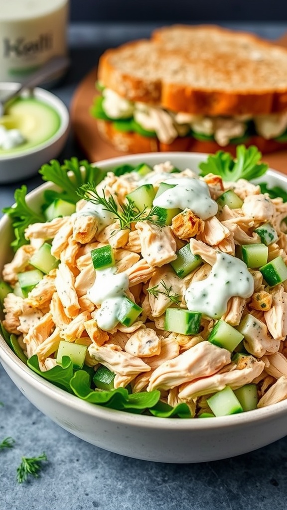 A refreshing Tzatziki Chicken Salad with chicken, cucumber, and dill on a bed of greens, with a sandwich on the side.