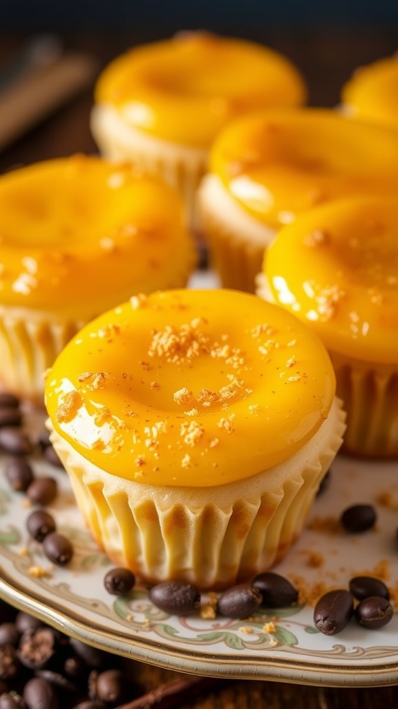 Vanilla Bean Crème Brûlée Cheesecake Cupcakes with caramelized sugar topping on a vintage plate.