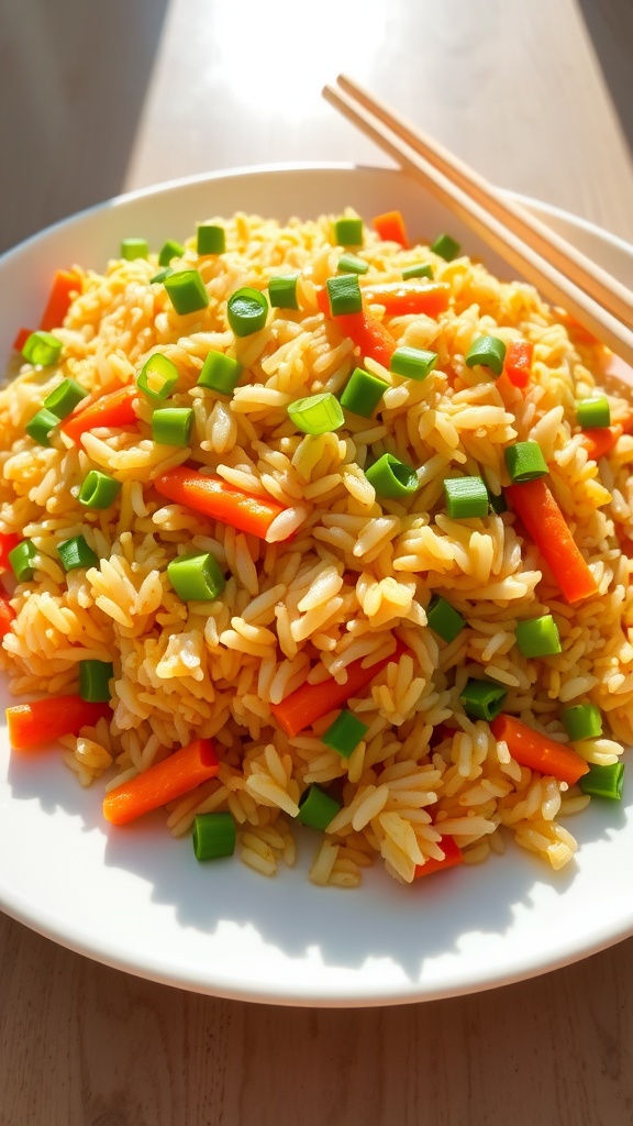 A plate of flavorful vegetable fried rice with bright vegetables and green onions, served with chopsticks.