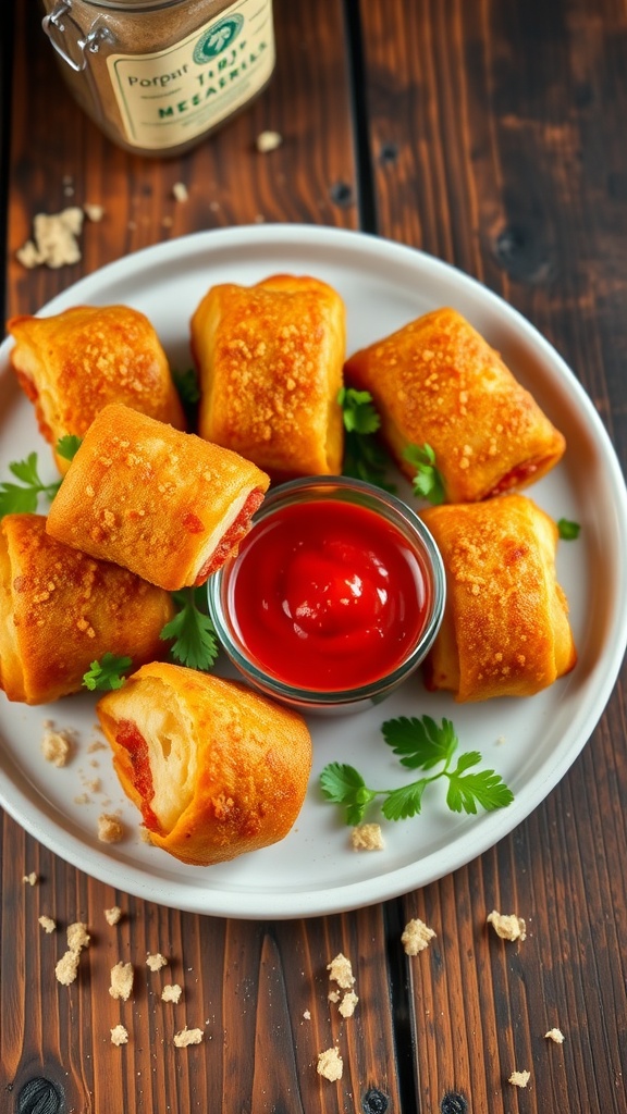 Crispy chicken parmesan rolls served with marinara sauce, garnished with parsley on a rustic wooden table.