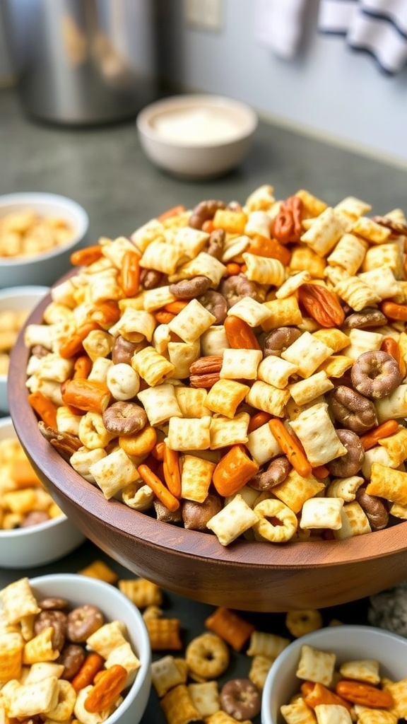 A colorful Chex Mix in a wooden bowl with pretzels, cereals, and nuts, ready for snacking.