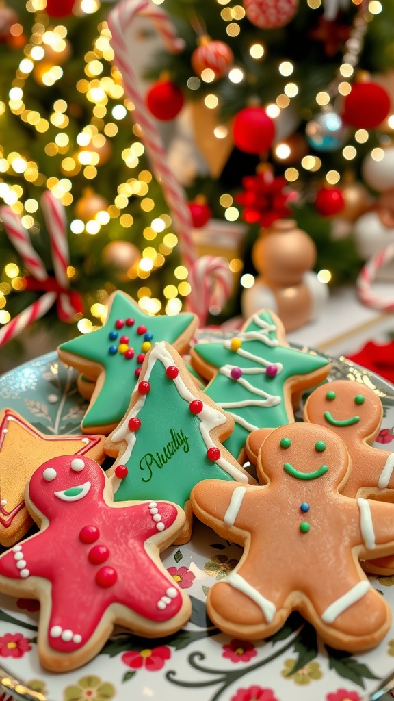 Decorated sugar holiday cookies in festive shapes and colors on a decorative plate with holiday decorations.