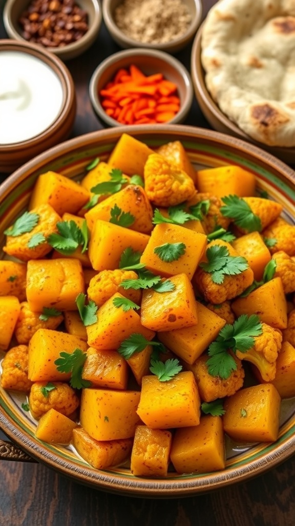 Spiced Aloo Gobi: Indian Potato and Cauliflower Dish Aloo Gobi with potatoes and cauliflower garnished with cilantro, served with naan and yogurt on a colorful background.