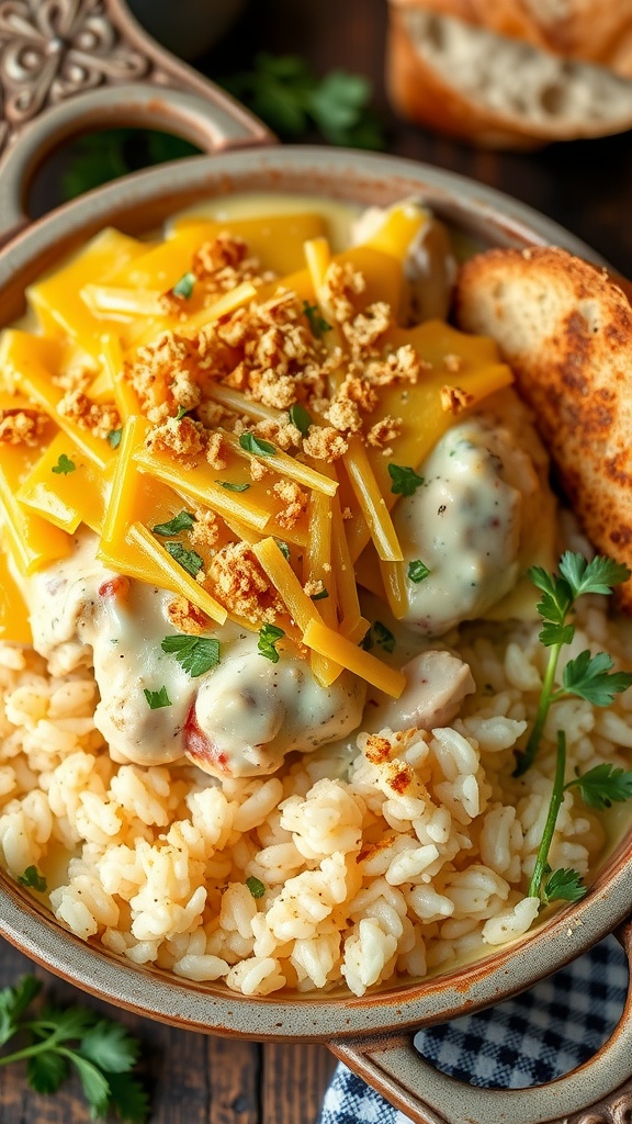 A delicious Angel Chicken Rice Casserole with chicken, rice, and cheese, served in a rustic dish with garnishes.