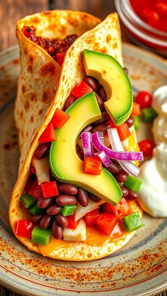 A crispy Vegetarian Crunchwrap Supreme stuffed with beans, lettuce, tomatoes, cheese, and avocado, served with salsa.