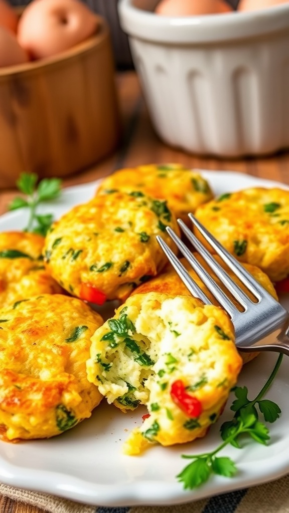 A delicious plate of golden high protein egg bites with spinach and bell peppers, garnished with herbs.