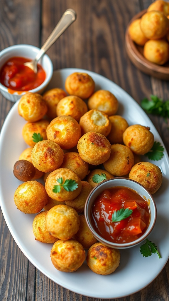 Crispy mozzarella bites served with marinara sauce on a rustic plate.