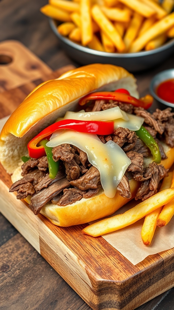 Philly cheesesteak sandwich with beef, cheese, and peppers on a wooden board.