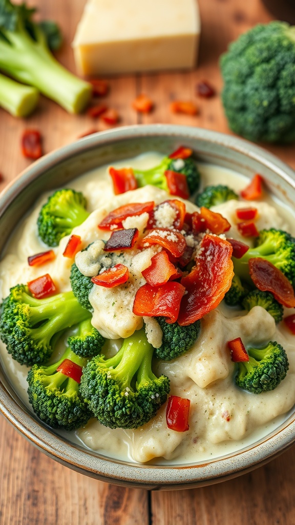 Creamy garlic Parmesan broccoli garnished with bacon bits in a rustic bowl, set on a wooden table.