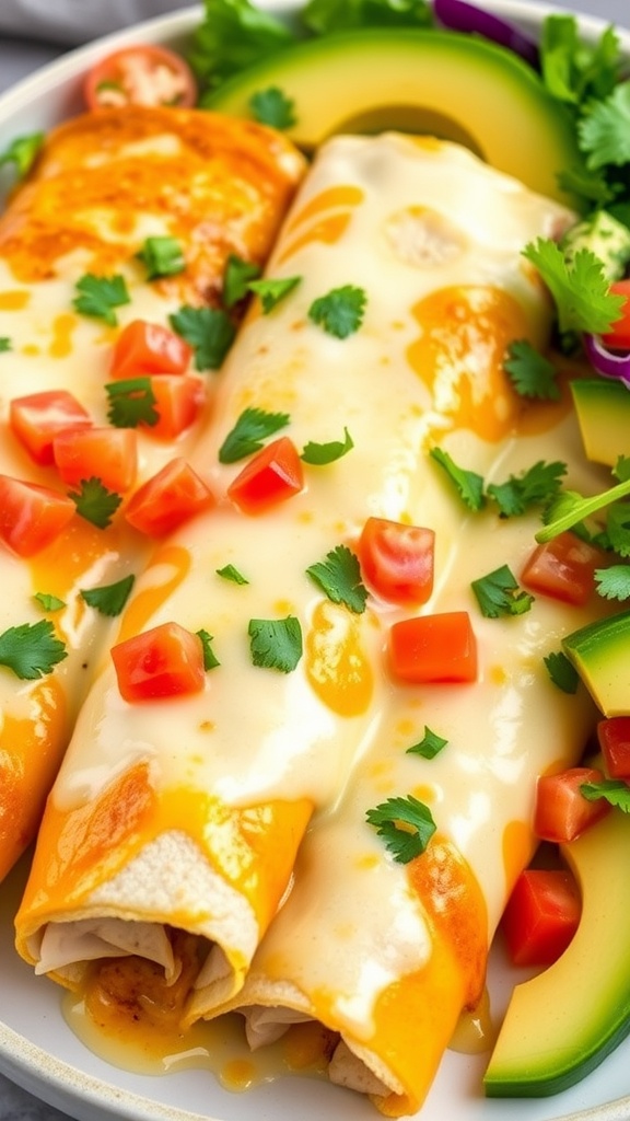 Creamy chicken enchiladas topped with cilantro and tomatoes on a plate, served with avocado and salad.