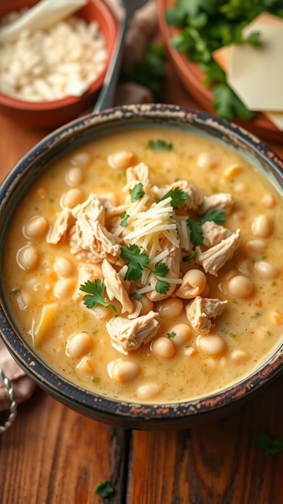 A comforting bowl of creamy white chicken chili with chicken, white beans, and cilantro, garnished with cheese, on a wooden table.