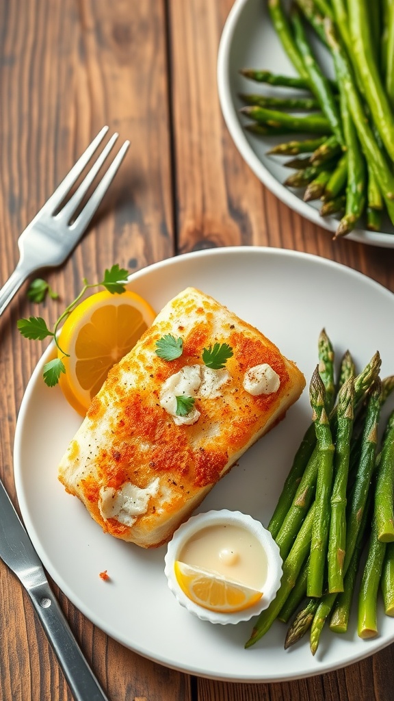 Crispy air fryer cod fillet garnished with parsley and lemon, served with asparagus on a rustic table.