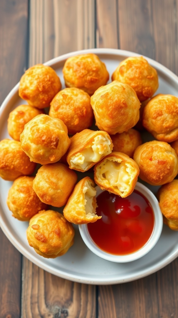 Crispy fried mac and cheese bites served with marinara sauce on a rustic wooden table.