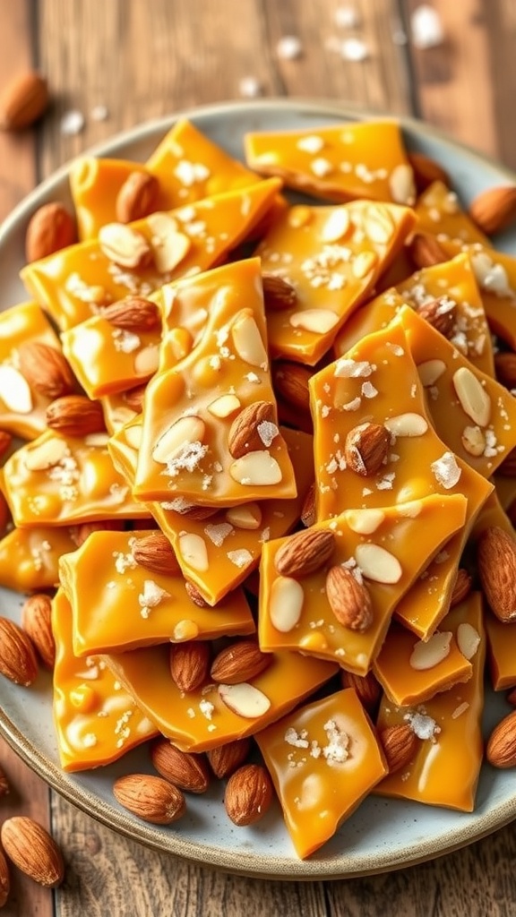 Pieces of golden salted almond brittle on a wooden platter with whole almonds and a sprinkle of sea salt.