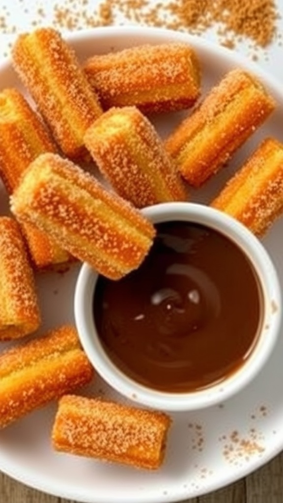Crispy churro bites dusted with cinnamon sugar, served with chocolate dipping sauce on a plate.