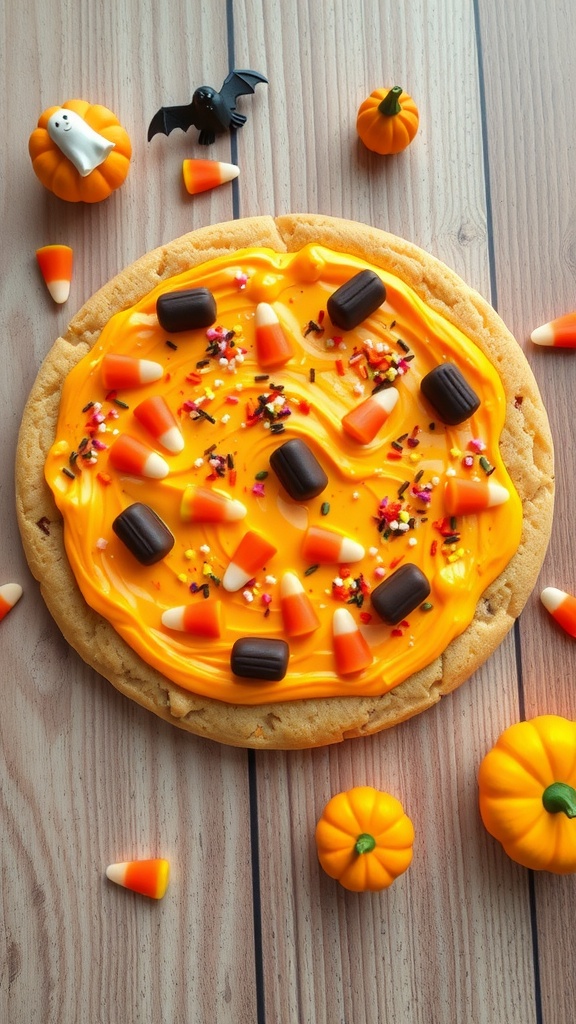 A colorful Halloween dessert pizza with orange frosting, candy corn, and sprinkles on a rustic wooden table.
