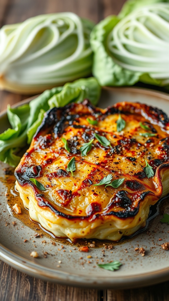 Roasted cabbage steak garnished with herbs on a rustic plate, with a wooden table background.