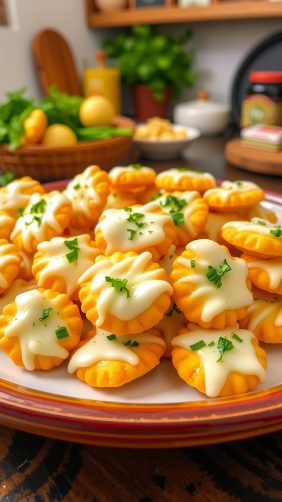 Golden-brown baked Garlic Bread Ritz Bits topped with melted cheese and parsley on a rustic plate.