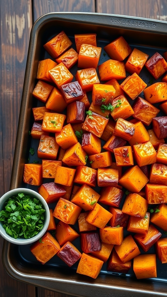 A tray of golden roasted sweet potatoes garnished with fresh herbs on a rustic wooden table.