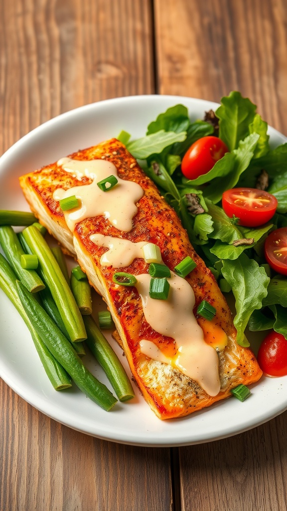 Crispy air fryer bang bang salmon garnished with green onions on a plate with salad.