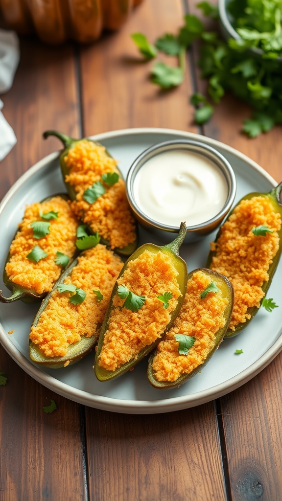 Crispy air-fryer jalapeño poppers on a plate with dip, garnished with cilantro.