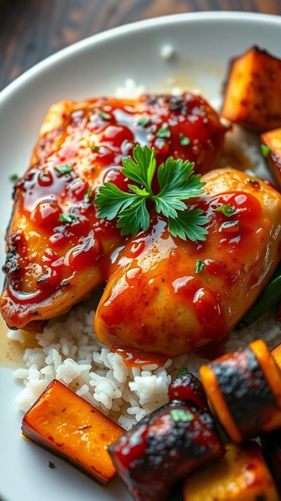 Hot honey baked chicken breasts drizzled with spicy honey glaze, garnished with parsley, served with rice and roasted vegetables.